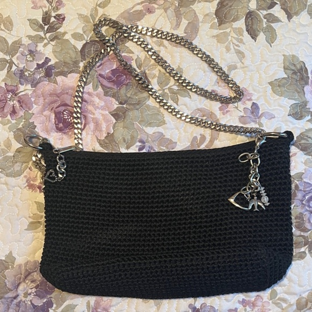 Lina Black Crochet Shoulder Bag with Silver Chain